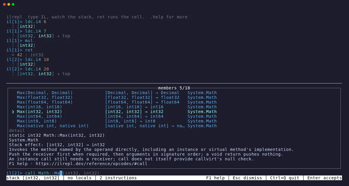Math.Max overloads in the running terminal, with the int32 overload selected